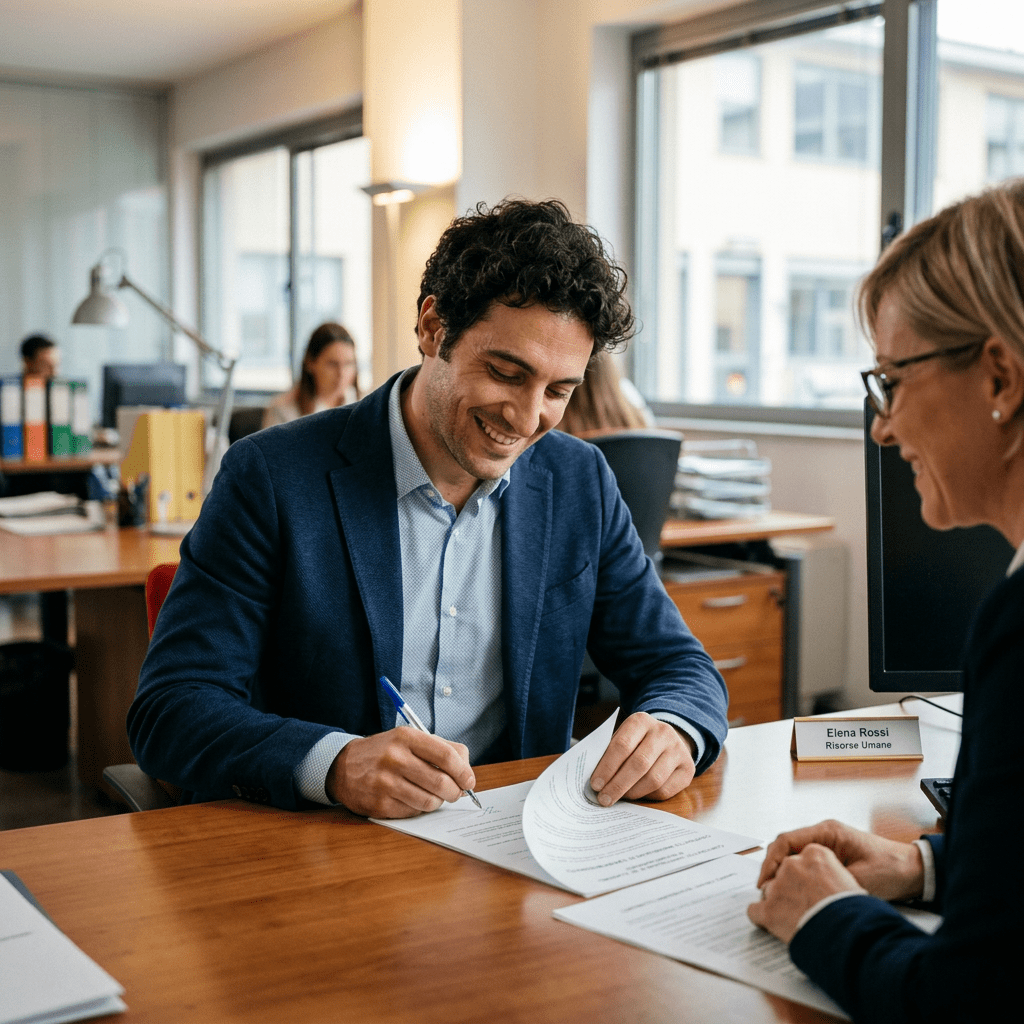 Man signing employment documents at a desk with HR representative