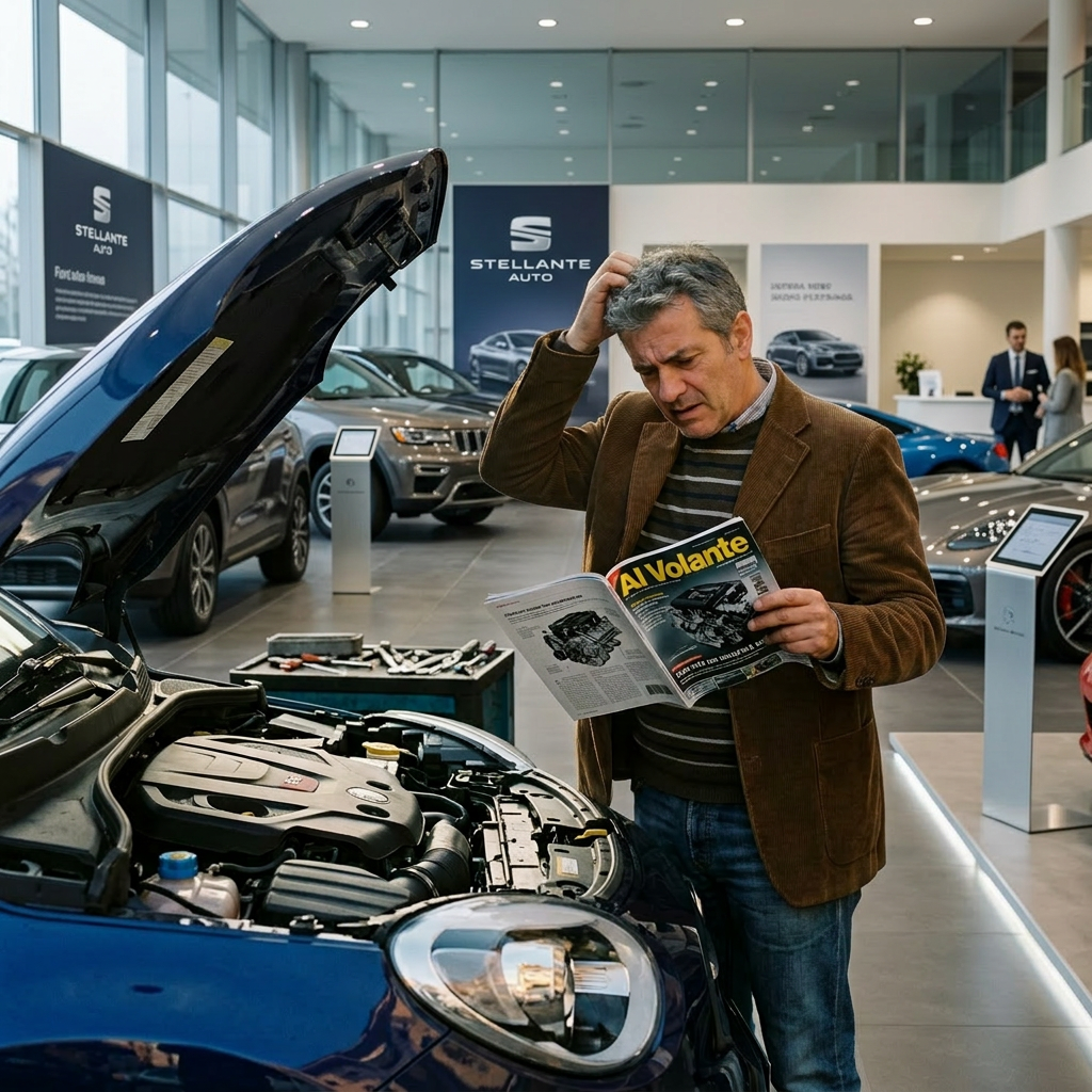 Man reading a car manual with open hood of blue car at repair shop