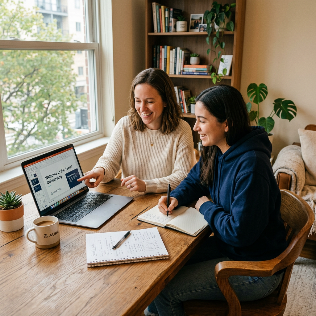 Two women sitting at a wooden table looking at a laptop with onboarding presentation
