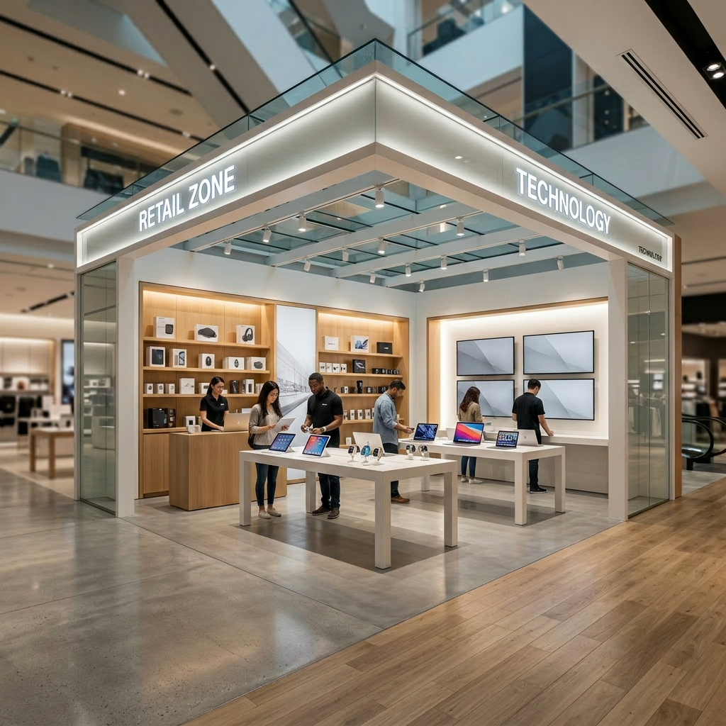 Empty modern retail technology booth with wooden shelving and digital screens