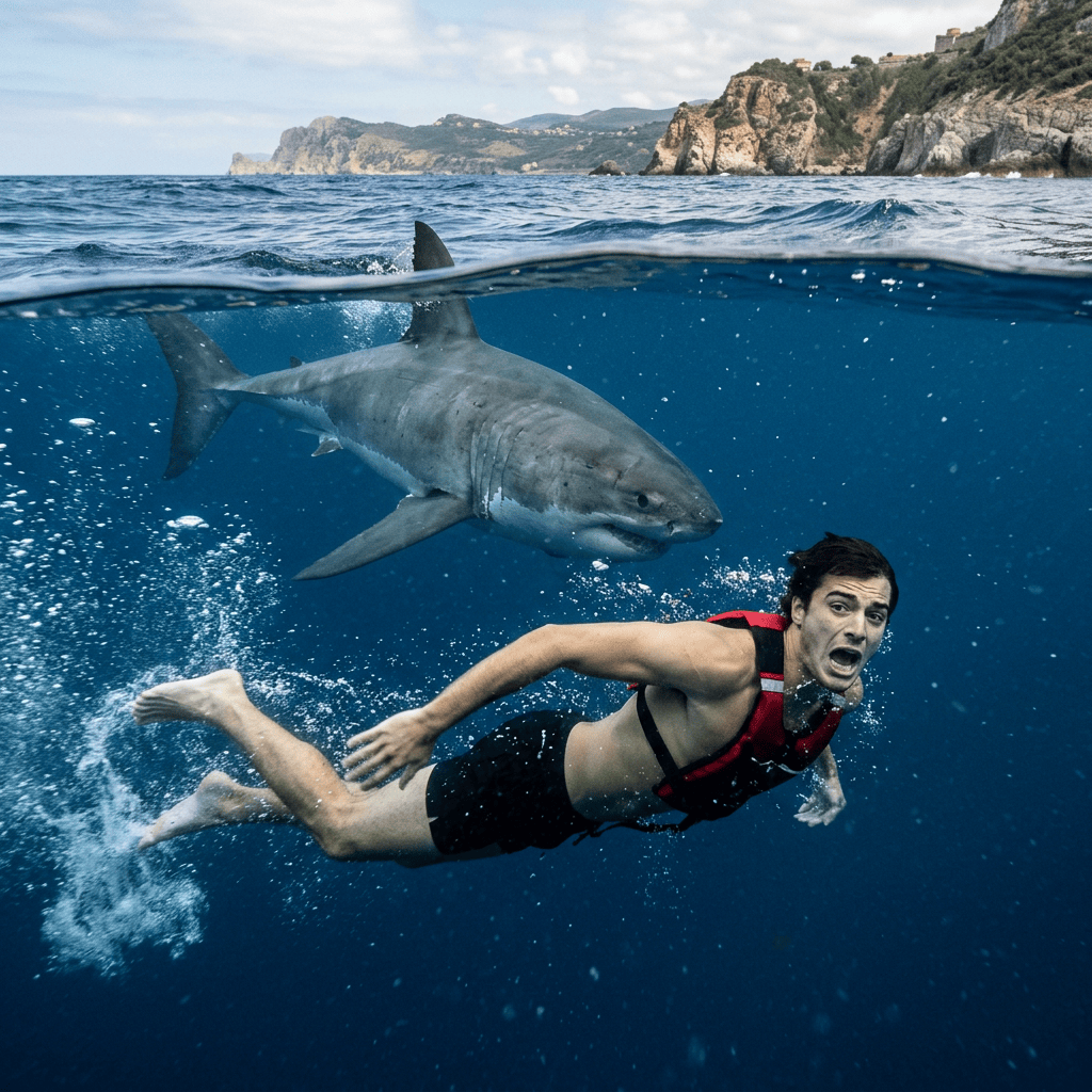 Diver swimming underwater with a great white shark approaching behind him near rocky coastline