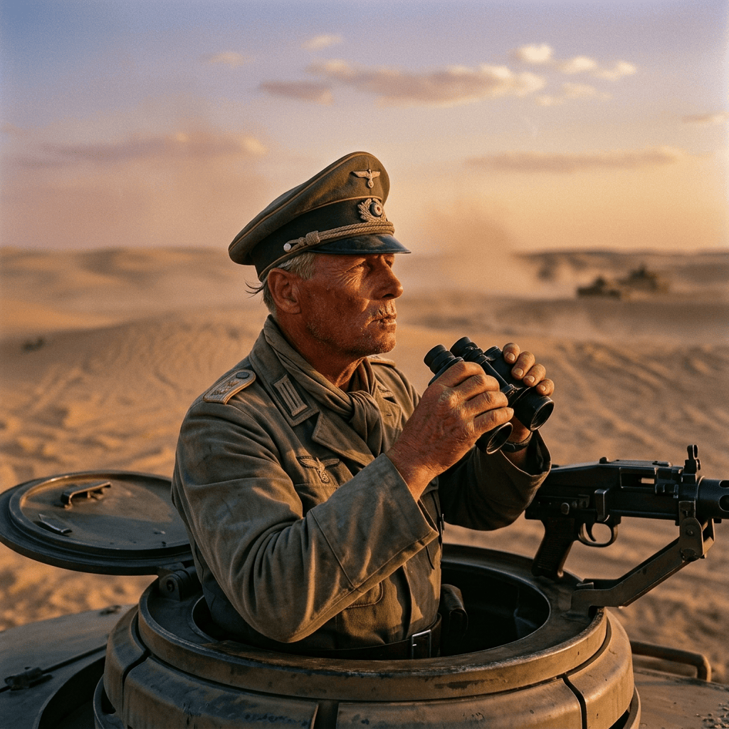 Uniformed soldier using binoculars from an armored vehicle in the desert
