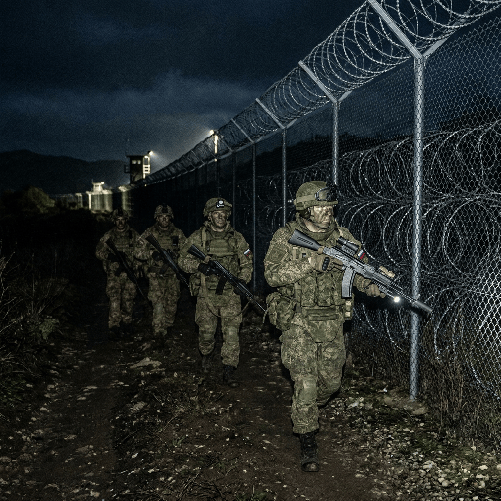 Four armed soldiers patrol beside a barbed-wire security fence at night